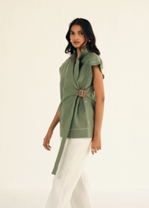 Green Linen Cap Sleeves Jacket & Pant Co-Ord Set